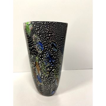 VASO VINTAGE VETRO MURANO NERO MURRINA MULTICOLOR AVVENTURINA ARGENTO '80/'90