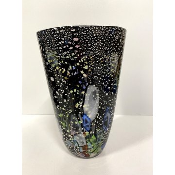 VASO VINTAGE VETRO MURANO NERO MURRINA MULTICOLOR AVVENTURINA ARGENTO '80/'90