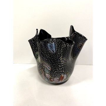 VASO VINTAGE FAZZOLETTO VETRO MURANO NERO MURRINA FOGLIA ARGENTO 20cm/h ANNI '80