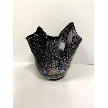 VASO VINTAGE FAZZOLETTO VETRO MURANO NERO MURRINA FOGLIA ARGENTO 20cm/h ANNI '80