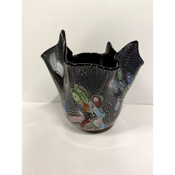 VASO VINTAGE FAZZOLETTO VETRO MURANO NERO MURRINA FOGLIA ARGENTO 20cm/h ANNI '80