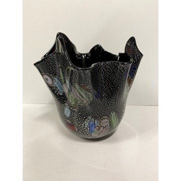 VASO VINTAGE FAZZOLETTO VETRO MURANO NERO MURRINA FOGLIA ARGENTO 20cm/h ANNI '80