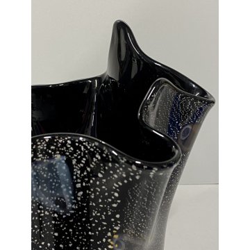 VASO VINTAGE FAZZOLETTO VETRO MURANO NERO MURRINA FOGLIA ARGENTO 20cm/h ANNI '80