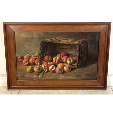 ANTICO QUADRO dipinto olio tela NATURA MORTA CESTO PESCHE Rocco Ronchetti 1920