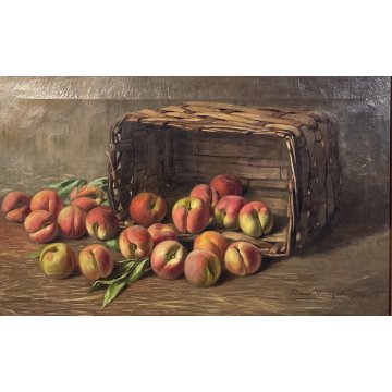 ANTICO QUADRO dipinto olio tela NATURA MORTA CESTO PESCHE Rocco Ronchetti 1920