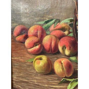 ANTICO QUADRO dipinto olio tela NATURA MORTA CESTO PESCHE Rocco Ronchetti 1920