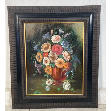 ANTICO QUADRO dipinto olio tavola NATURA MORTA Gino Tassinari VASO FIORI '900