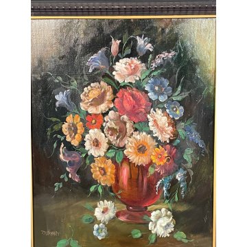 ANTICO QUADRO dipinto olio tavola NATURA MORTA Gino Tassinari VASO FIORI '900