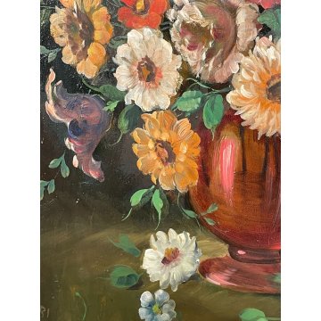 ANTICO QUADRO dipinto olio tavola NATURA MORTA Gino Tassinari VASO FIORI '900