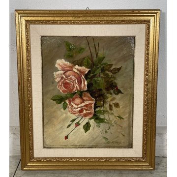 ANTICO QUADRO dipinto olio tavola NATURA MORTA ROSE ROSSE epoca '900 CORNICE ORO