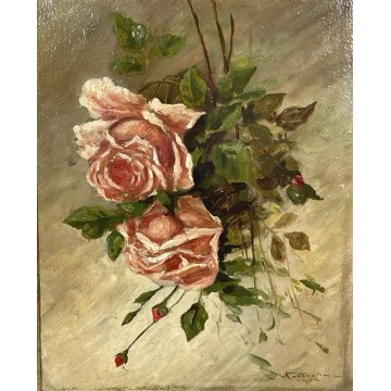 ANTICO QUADRO dipinto olio tavola NATURA MORTA ROSE ROSSE epoca '900 CORNICE ORO