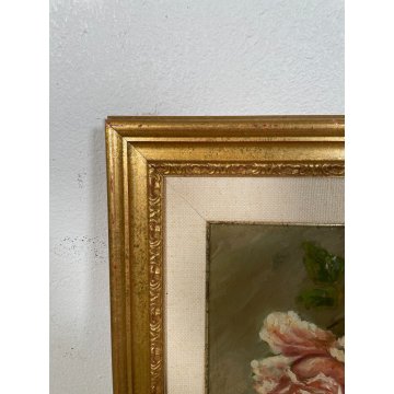 ANTICO QUADRO dipinto olio tavola NATURA MORTA ROSE ROSSE epoca '900 CORNICE ORO