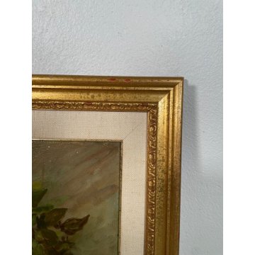 ANTICO QUADRO dipinto olio tavola NATURA MORTA ROSE ROSSE epoca '900 CORNICE ORO