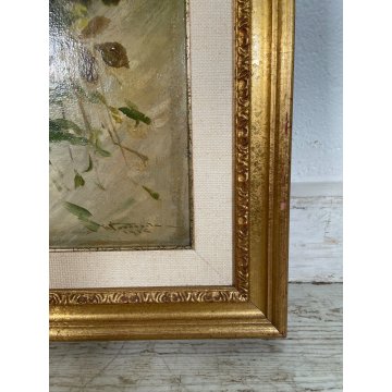 ANTICO QUADRO dipinto olio tavola NATURA MORTA ROSE ROSSE epoca '900 CORNICE ORO