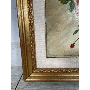 ANTICO QUADRO dipinto olio tavola NATURA MORTA ROSE ROSSE epoca '900 CORNICE ORO