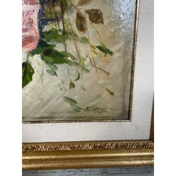 ANTICO QUADRO dipinto olio tavola NATURA MORTA ROSE ROSSE epoca '900 CORNICE ORO