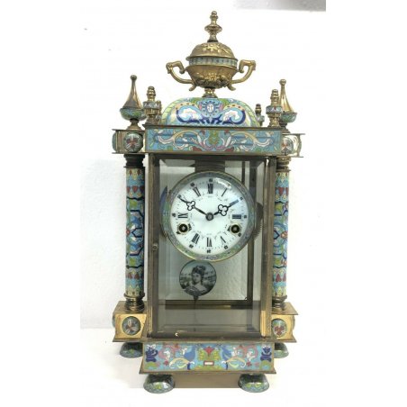 ANTICO OROLOGIO TAVOLO CLOISONNE N2 METALLO DORATO 1900 PENDOLO CINESE VINATAGE 
