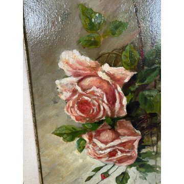 ANTICO QUADRO dipinto olio tavola NATURA MORTA ROSE ROSSE epoca '900 CORNICE ORO