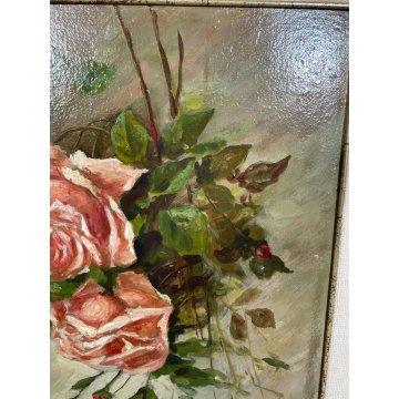 ANTICO QUADRO dipinto olio tavola NATURA MORTA ROSE ROSSE epoca '900 CORNICE ORO