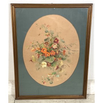 QUADRO DIPINTO TEMPERA ACQUARELLO 1896 NATURA MORTA BOUQUET FIORI ART NOUVEAU