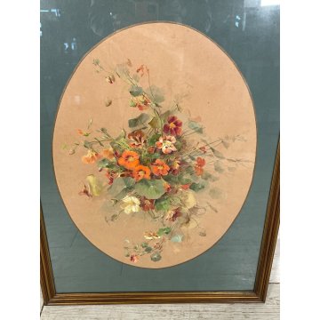 QUADRO DIPINTO TEMPERA ACQUARELLO 1896 NATURA MORTA BOUQUET FIORI ART NOUVEAU