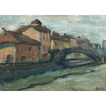 QUADRO DIPINTO OLIO TELA "ARNOLDO SIDOLI" MILANO PORTA TICINESE EPOCA 1963 ITALY