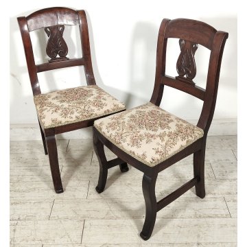 ANTICA COPPIA SEDIA Impero LEGNO NOCE stoffa IMBOTTITA epoca 800 Old Chair SEDIE