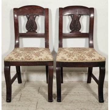 ANTICA COPPIA SEDIA Impero LEGNO NOCE stoffa IMBOTTITA epoca 800 Old Chair SEDIE