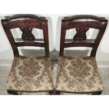 ANTICA COPPIA SEDIA Impero LEGNO NOCE stoffa IMBOTTITA epoca 800 Old Chair SEDIE