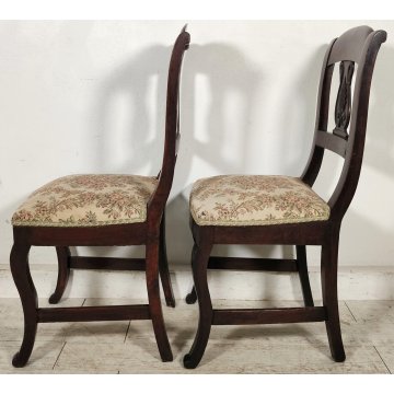 ANTICA COPPIA SEDIA Impero LEGNO NOCE stoffa IMBOTTITA epoca 800 Old Chair SEDIE