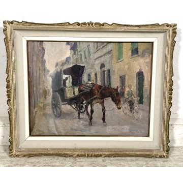 QUADRO DIPINTO OLIO TELA " Gino Paolo Gori "CARROZZA militare CAVALLO EPOCA 1956