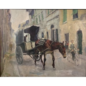 QUADRO DIPINTO OLIO TELA " Gino Paolo Gori "CARROZZA militare CAVALLO EPOCA 1956