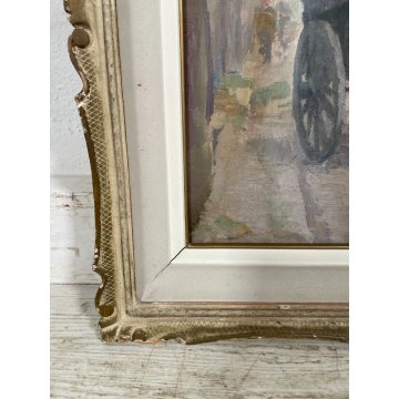 QUADRO DIPINTO OLIO TELA " Gino Paolo Gori "CARROZZA militare CAVALLO EPOCA 1956