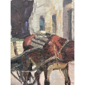 QUADRO DIPINTO OLIO TELA " Gino Paolo Gori "CARROZZA militare CAVALLO EPOCA 1956