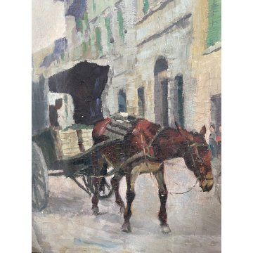 QUADRO DIPINTO OLIO TELA " Gino Paolo Gori "CARROZZA militare CAVALLO EPOCA 1956