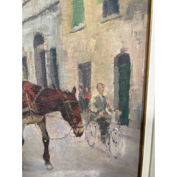 QUADRO DIPINTO OLIO TELA " Gino Paolo Gori "CARROZZA militare CAVALLO EPOCA 1956