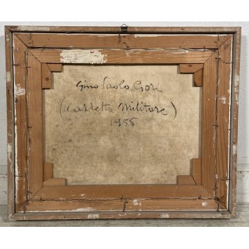 QUADRO DIPINTO OLIO TELA " Gino Paolo Gori "CARROZZA militare CAVALLO EPOCA 1956