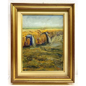 ANTICO QUADRO DIPINTO OLIO PAESAGGIO "Raccolto nella pianura Mantovana" 1930