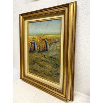 ANTICO QUADRO DIPINTO OLIO PAESAGGIO "Raccolto nella pianura Mantovana" 1930