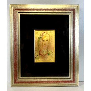 CROMOLITOGRAFIA su FOGLIA ORO Ernesto Treccani 9x14,5cm RITRATTO VOLTO FEMMINILE