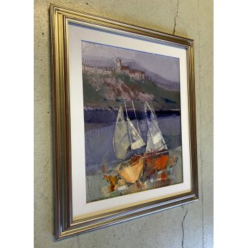 QUADRO DIPINTO OLIO Luciano Filippi PAESAGGIO LACUSTRE BARCHE CASTELLO ANGERA 95