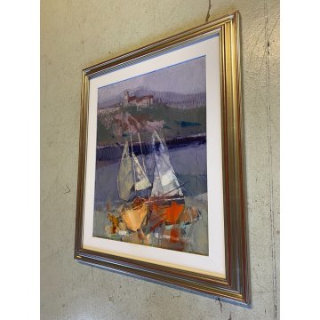 QUADRO DIPINTO OLIO Luciano Filippi PAESAGGIO LACUSTRE BARCHE CASTELLO ANGERA 95