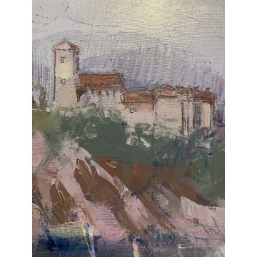 QUADRO DIPINTO OLIO Luciano Filippi PAESAGGIO LACUSTRE BARCHE CASTELLO ANGERA 95