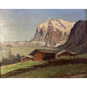 ANTICO QUADRO OLIO C. Federico PAESAGGIO MONTANO ALPI DOLOMITI ? BAITE GUILLOCHE