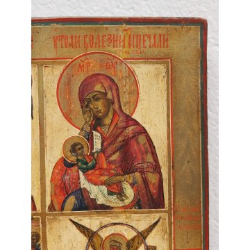 ANTICA ICONA RELIGIOSA Russa EPOCA XIX sec. DIPINTO TAVOLA Madre di Dio SANTI