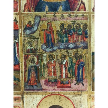 ANTICA ICONA RELIGIOSA Russa EPOCA XIX sec. DIPINTO TAVOLA Madre di Dio SANTI