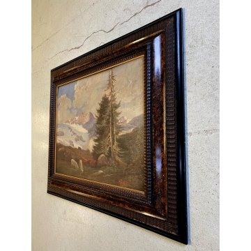 ANTICO QUADRO OLIO C. Federico PAESAGGIO MONTANO con PECORE LARICI GUILLOCHE