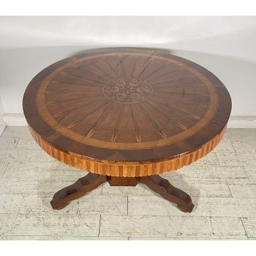 ANTICO TAVOLO ROTONDO 1700 LEGNO NOCE INTARSIATO 2 CASSETTI CARLO X RONDE TABLE