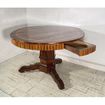 ANTICO TAVOLO ROTONDO 1700 LEGNO NOCE INTARSIATO 2 CASSETTI CARLO X RONDE TABLE