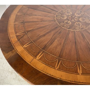 ANTICO TAVOLO ROTONDO 1700 LEGNO NOCE INTARSIATO 2 CASSETTI CARLO X RONDE TABLE